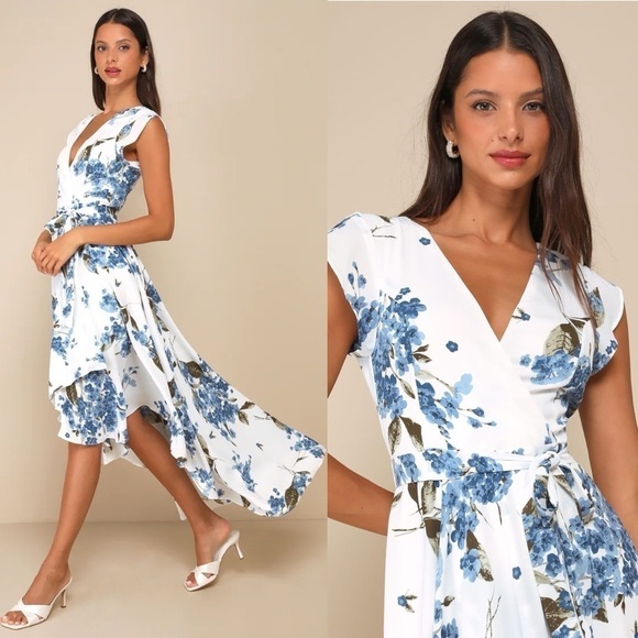NWT! Lulu’s French Countryside White Floral Print High-Low Dress Small Blue - Picture 1 of 10
